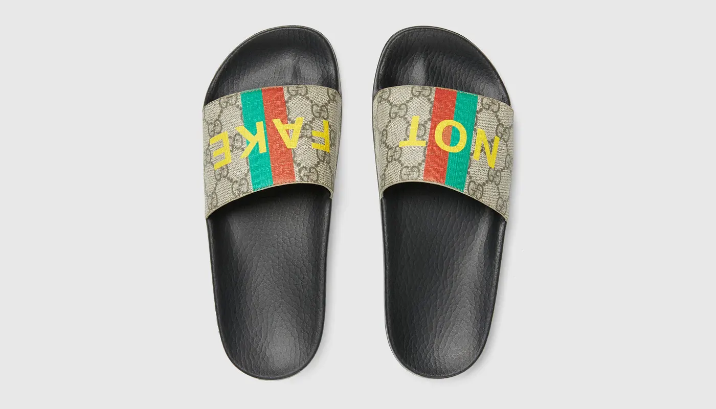 Shop Gucci Men's Fake/Not Print Pursuit GG Supreme Slide Sandals